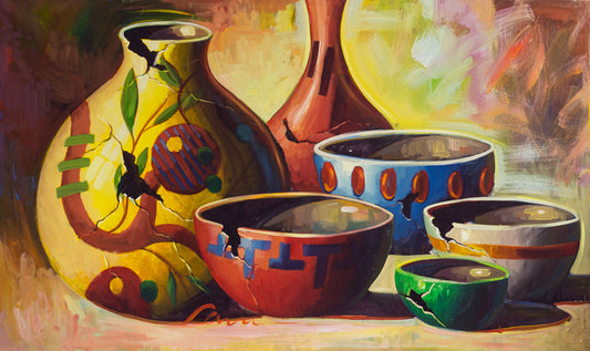 Colorful Pots original Southwestern pottery painting by Miguel Camarena featuring colorful ceramic vessels in a vibrant still life composition.