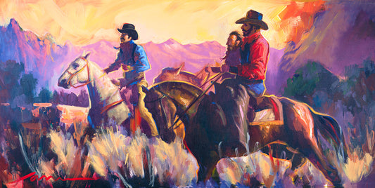 Western cowboys on horseback crossing a river desert landscape painting by Miguel Camarena