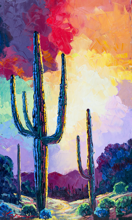 Colorful Arizona desert painting with crimson and violet skies, towering saguaro cacti, and glowing Southwestern landscape by Miguel Camarena