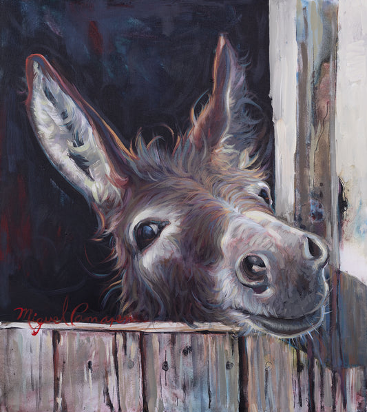 Rustic donkey painting square format by Miguel Camarena featuring a curious donkey peeking over a wooden barn fence with a dark background