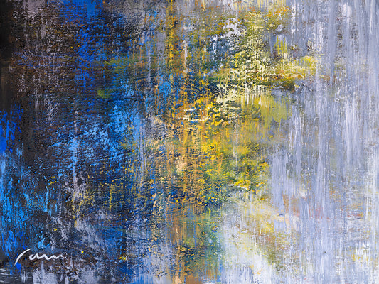 Modern abstract canvas painting with dramatic blue and gold textures by Miguel Camarena