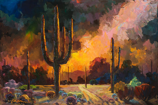 Dynamite Sunset original Arizona desert painting by Miguel Camarena featuring saguaro cacti beneath a dramatic Southwestern sunset sky.