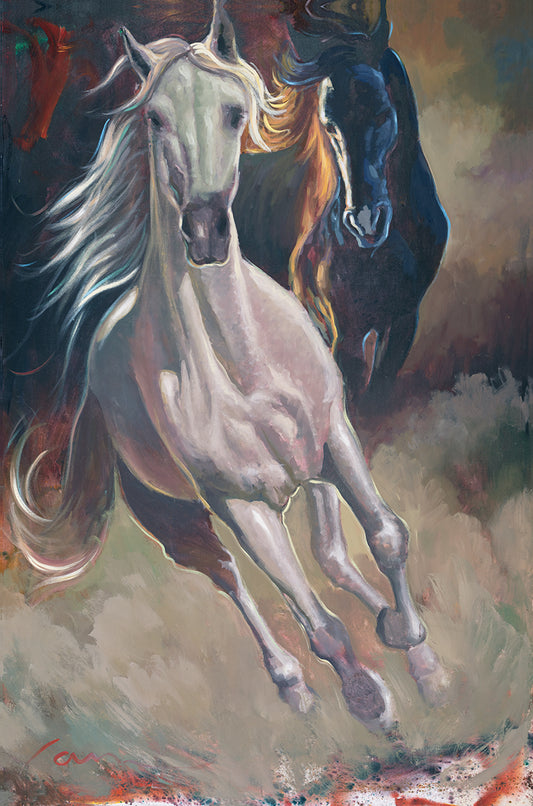 Black and white horse canvas painting by Miguel Camarena with dramatic Western styling