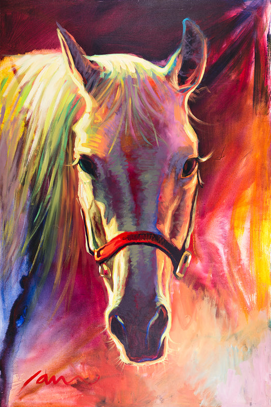 Red horse canvas painting by Miguel Camarena with vibrant Southwestern colors