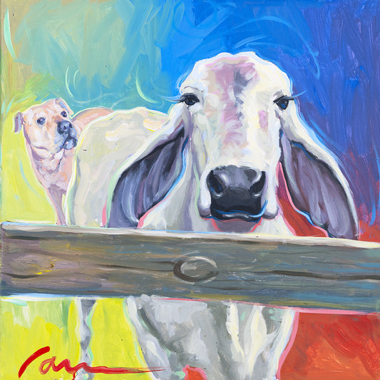 Colorful cow and dog, farm animal canvas painting by Miguel Camarena