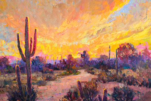 Colorful Arizona desert sunset painting with saguaro cacti and vibrant southwestern sky by Miguel Camarena