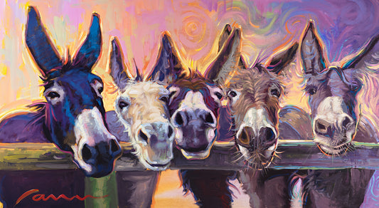 Colorful contemporary painting of five expressive purple donkeys by Miguel Camarena with warm Southwestern-inspired tones