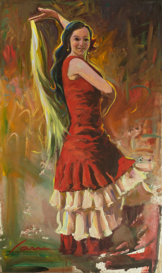 Flamenco Dancer original painting by Miguel Camarena featuring a Spanish flamenco dancer in a flowing red dress performing a traditional dance.