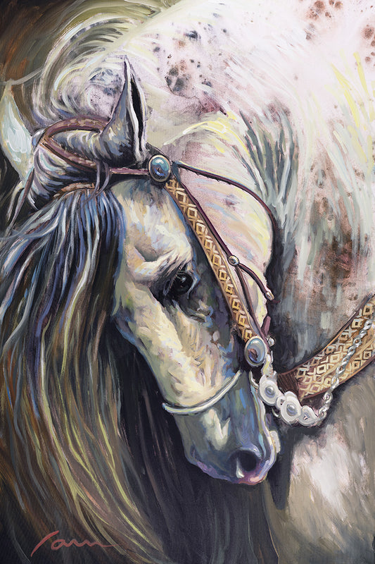 Elegant white horse portrait painting on canvas by Miguel Camarena
