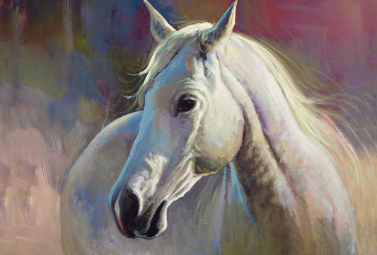 Elegant white stallion horse painting on canvas by Miguel Camarena