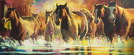 Horses Running on Water painting by Miguel Camarena featuring a herd of horses galloping through shallow water in warm golden light.