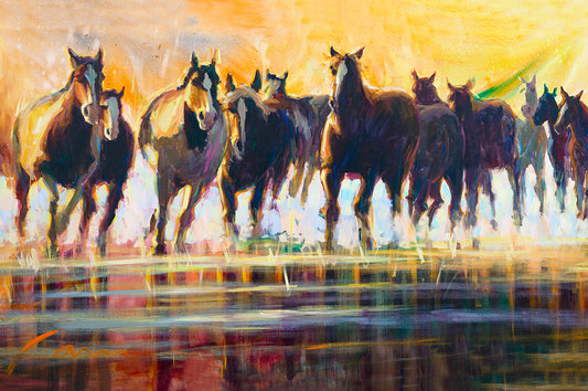 Wild horses running through water canvas painting by Miguel Camarena