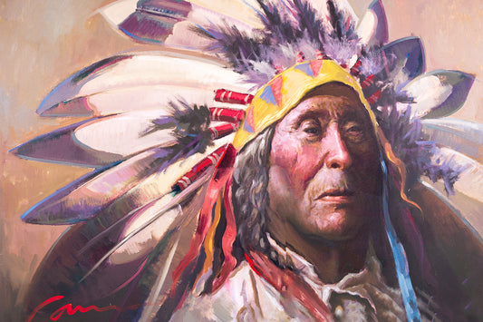 Native American chief portrait canvas painting by Miguel Camarena