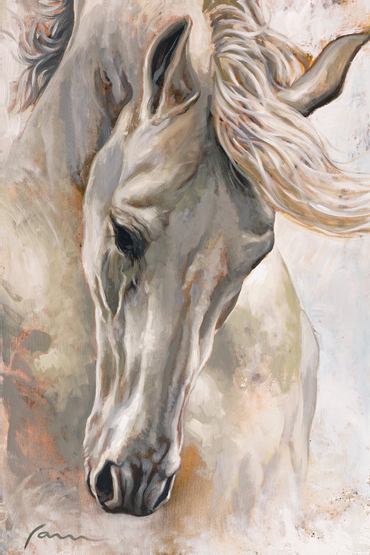 Vertical white stallion horse painting on canvas by Miguel Camarena