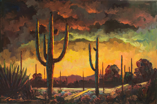 Arizona desert sunset painting by Miguel Camarena featuring silhouetted saguaro cacti beneath a dramatic colorful Southwestern sky.