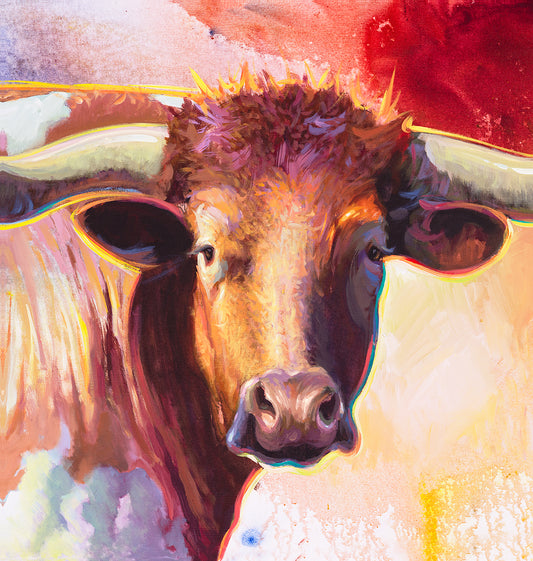 Colorful Texas longhorn canvas painting by Miguel Camarena