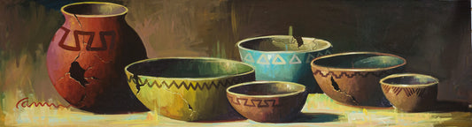 Native American pottery painting by Miguel Camarena featuring traditional Southwestern clay pots arranged in a warm still life composition.