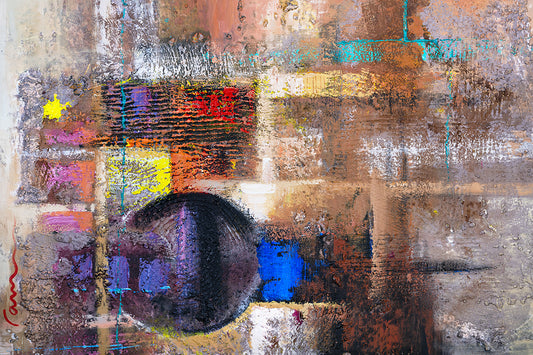 Modern earth tone abstract canvas painting with layered textures and geometric contemporary design by Miguel Camarena