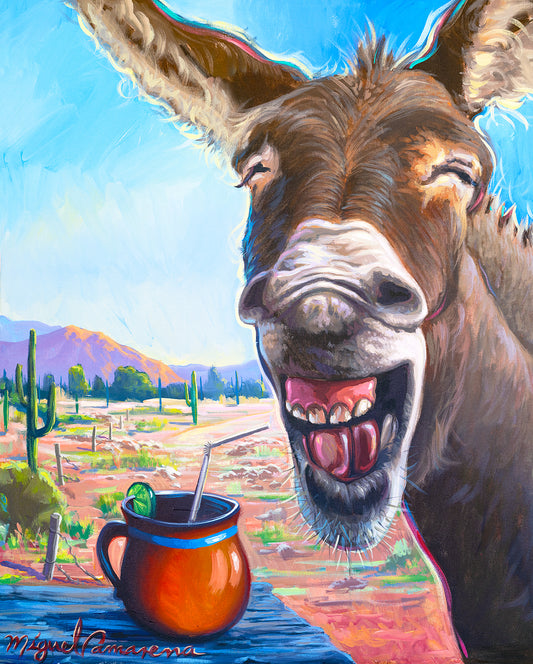 Funny contemporary donkey painting by Miguel Camarena featuring a smiling burro beside a moscowmule drink in a colorful Southwestern desert setting