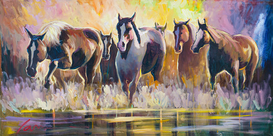 Wild mustang horses running through river water canvas painting by Miguel Camarena