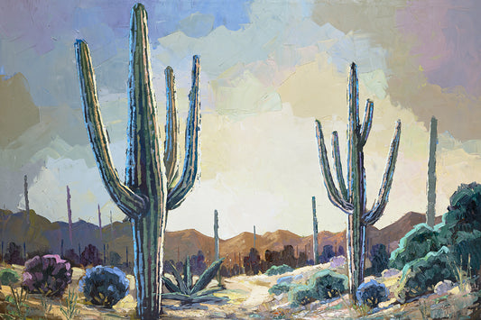 Arizona desert landscape painting with muted blue skies and saguaro cacti by Miguel Camarena