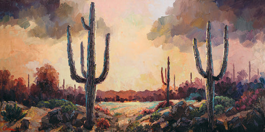 Southwestern desert landscape painting with saguaro cacti and muted Arizona sunset by Miguel Camarena