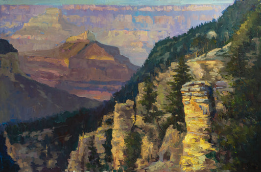 Muted Grand Canyon Ridge original acrylic painting by Miguel Camarena featuring canyon cliffs, ridges, and Arizona landscape scenery.