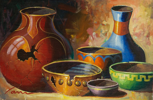 Southwestern pottery painting by Miguel Camarena featuring a traditional red olla pot and Native American ceramic vessels.