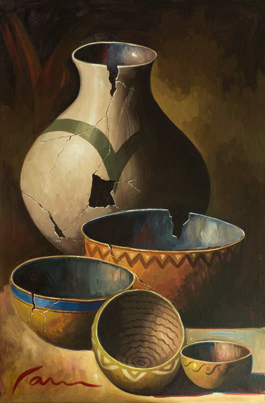 Southwestern pottery painting by Miguel Camarena featuring traditional clay pots and ceramic vessels in warm earth tones against a dramatic dark background.