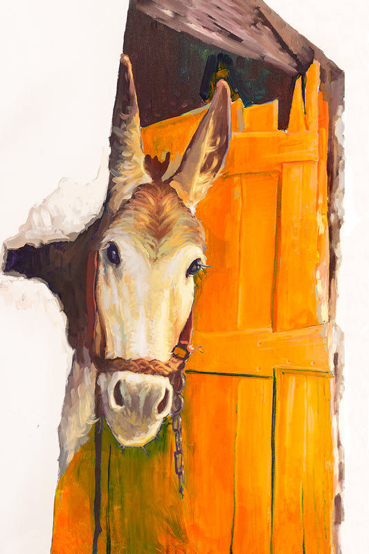 Curious donkey peeking through an orange doorway in a colorful Southwestern painting by Miguel Camarena