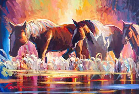 Colorful horses running through water canvas painting by Miguel Camarena