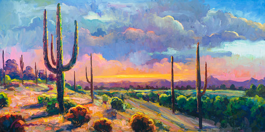 Arizona desert landscape painting with saguaro cacti and peaceful sunset sky by Miguel Camarena
