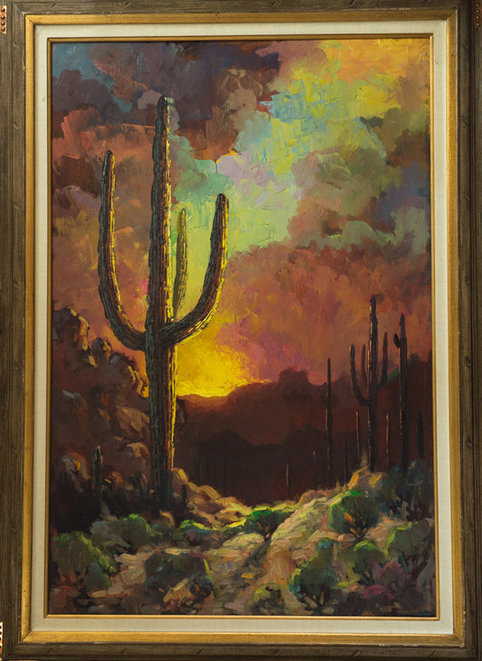 Arizona desert sunset painting by Miguel Camarena featuring saguaro cacti silhouetted against a colorful Southwestern sky in rich impressionistic tones.
