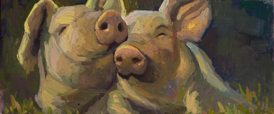 Romantic pig painting by Miguel Camarena featuring two affectionate pigs in a warm contemporary animal portrait with expressive brushwork.