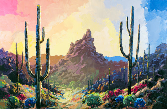 Arizona Pinnacle Peak desert landscape painting with saguaro cacti by Miguel Camarena