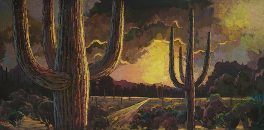Arizona desert sunset painting by Miguel Camarena featuring towering saguaro cacti, a winding desert path, and glowing golden evening light.