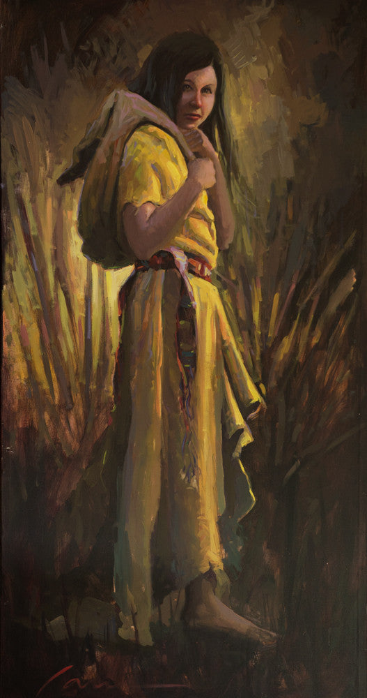 Figurative portrait painting by Miguel Camarena featuring a woman in a flowing dress illuminated by warm light in a contemporary fine art composition.