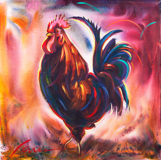 Colorful rooster canvas painting with vibrant acrylic-style tones by Miguel Camarena
