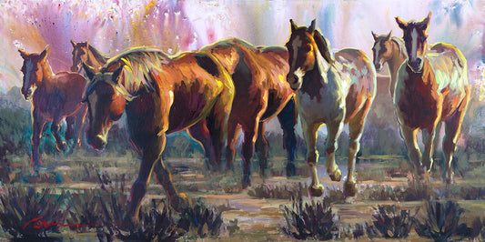 Wild horses running canvas painting by Miguel Camarena in Southwestern style