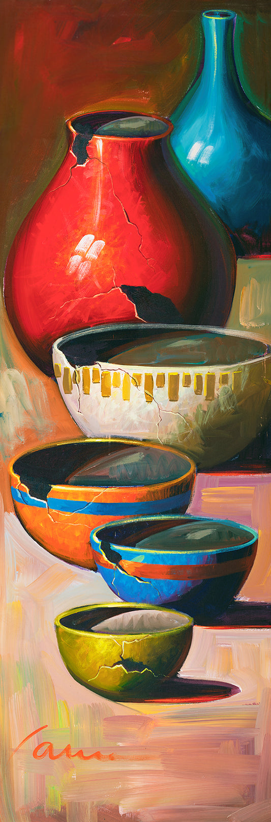 Southwestern rustic pottery canvas painting with colorful ceramic vessels by Miguel Camarena