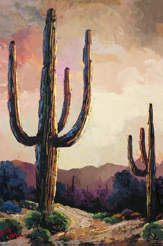 Vertical Arizona desert painting with muted skies and tall saguaro cacti by Miguel Camarena