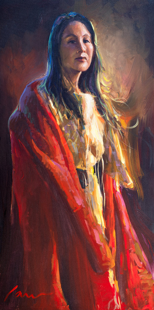 Native American woman portrait painting in Southwestern style by Miguel Camarena