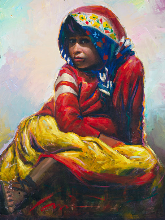 Tarahumara girl portrait canvas painting by Miguel Camarena