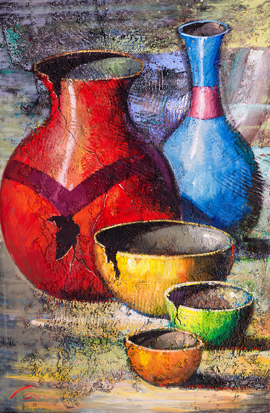 Southwestern textured pottery canvas painting with colorful desert clay pots by Miguel Camarena