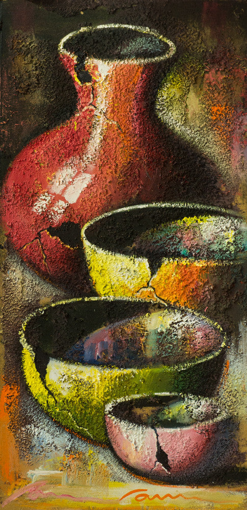 Southwestern pottery painting by Miguel Camarena featuring textured ceramic vessels, Native-inspired pottery, and contemporary desert artwork on wood panel.