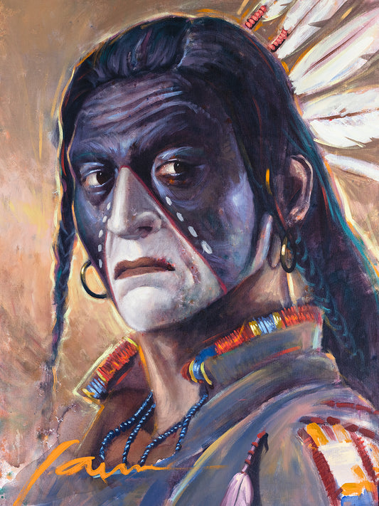 Native American warrior portrait painting with dramatic Southwestern style by Miguel Camarena
