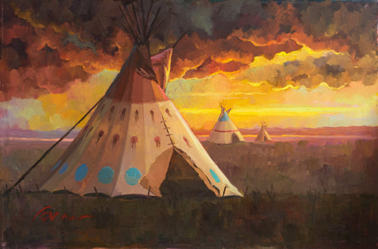 Native American teepee painting by Miguel Camarena featuring tipis on an open plain beneath a dramatic Southwestern sunset sky.