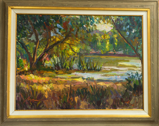 Arizona river landscape painting by Miguel Camarena featuring a tranquil river flowing through trees in the Tonto National Forest.
