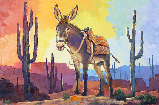Colorful donkey walking through the Sonoran Desert with cactus landscape painting by Miguel Camarena