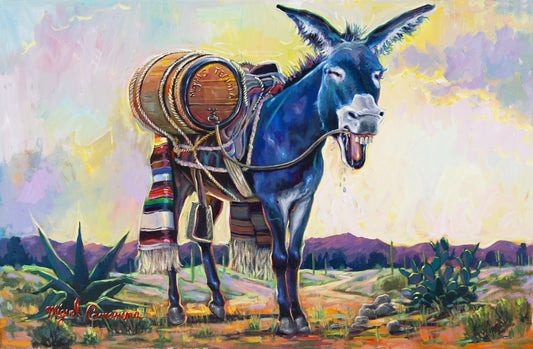 Southwestern donkey carrying tequila barrels through a colorful desert landscape painting by Miguel Camarena